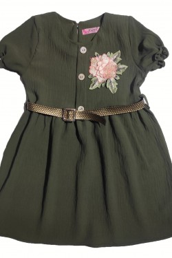 Gül Motifli Düğme ve Kemer Detaylı Elbise