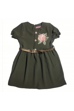 Gül Motifli Düğme ve Kemer Detaylı Elbise Gül Motifli Düğme ve Kemer Detaylı Elbise