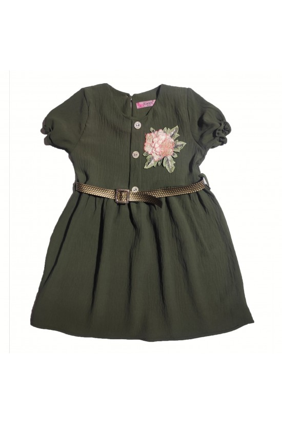 Gül Motifli Düğme ve Kemer Detaylı Elbise Gül Motifli Düğme ve Kemer Detaylı Elbise